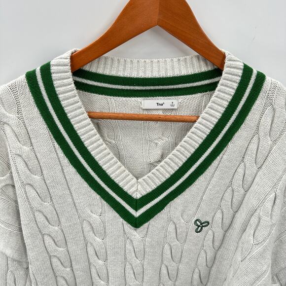 Aritzia Tna V-Neck Green Varsity Stripe Sweater // S - Picture 2 of 7